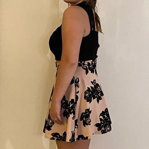 Formal two piece dress black lace with nude pink and black mini